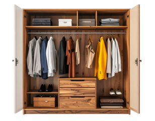 Open Wooden Wardrobe Filled With Clothes And Accessories.