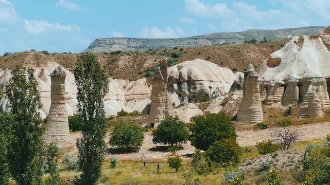 The Valley of Love in Goreme National Park. Unique rocks of various shapes. Sandstone cliffs. The wonders of Cappadocia are rock formations. The unusual shapes of the rocks are the property of Turkey.