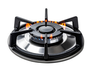Gas stove burner with blue flames on a white background.