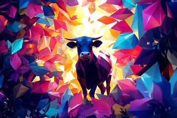 A bold design featuring a cow standing in a patch of colorful geometric-shaped flowers, with light filtering through the petals to create a visually uplifting atmosphere.