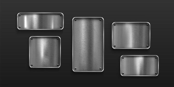 Shiny metal plates set isolated on background. Vector realistic illustration of square and rectangle stainless steel badges attached to surface with rivets, iron name board, game ui design elements