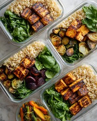 Healthy Vegan Meal Prep with Grilled Tofu Brown Rice and Fresh Spinach in Glass Containers
