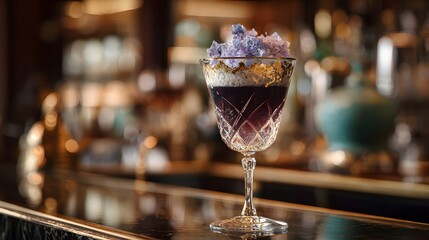 Luxury Purple Gin Cocktail with Edible Flowers and Gold Flakes Rim on Bar Counter