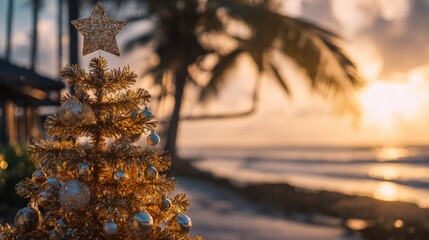 Golden christmas tree standing on a tropical beach at sunset