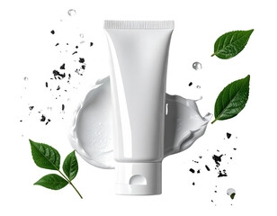 White cosmetic cream tube with green leaves and splashes.