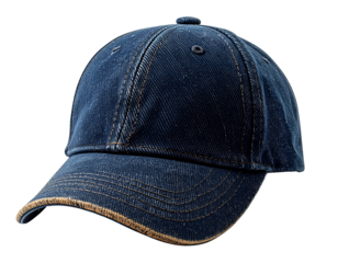 A close-up studio shot of a dark blue denim baseball cap.
