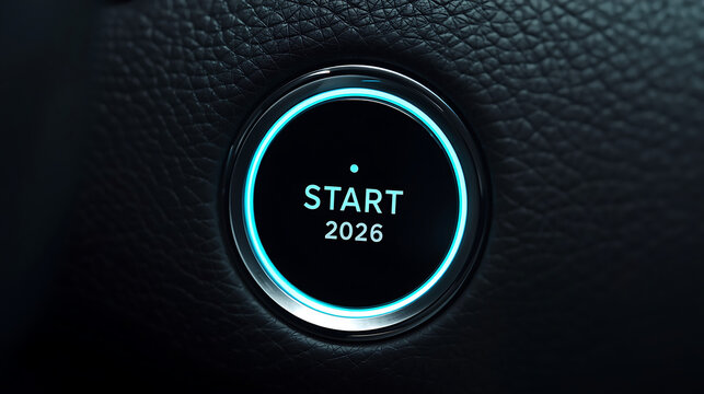 Ultra-realistic close-up of a modern car engine start button on a black leather dashboard. The circular button has a glossy black surface, a chrome rim, and a neon blue glowing ring.