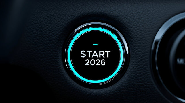 Ultra-realistic close-up of a modern car engine start button on a black leather dashboard. The circular button has a glossy black surface, a chrome rim, and a neon blue glowing ring.