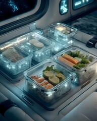 Futuristic Space Station Meal Prep with Advanced Nutrition Glass Containers