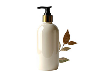 Elegant White Lotion Bottle with Gold Accents and Natural Leaf Detail.