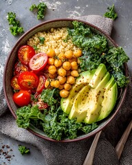 Healthy Vegan Buddha Bowl with Roasted Chickpeas Kale Avocado and Quinoa