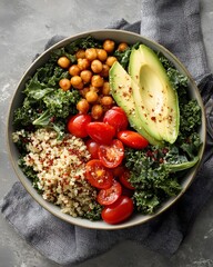 Top View Of Healthy Buddha Bowl With Quinoa Avocado Chickpeas And Kale