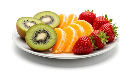 Fresh fruit platter with kiwi orange slices and strawberries isolated on white background