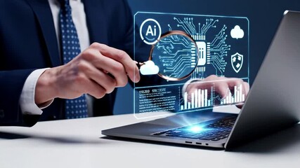 Businessman carefully analyzing complex artificial intelligence data and machine learning algorithms displayed on a laptop screen with a magnifying glass in a futuristic digital interface. - Powered by Adobe