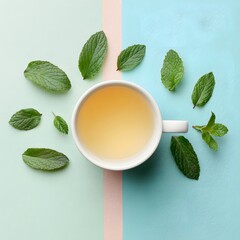 Top View Of Herbal Green Tea Cup With Fresh Mint Leaves On Pastel Background