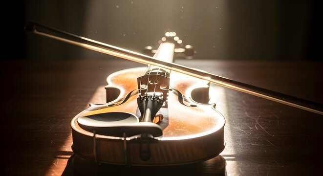 Close-up of a classic wooden violin and bow bathed in a dramatic spotlight, highlighting its elegant curves and strings.