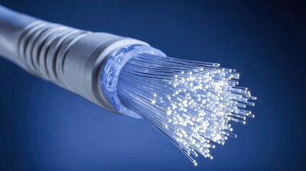 Close-up of illuminated fiber optic strands inside a cable connector.