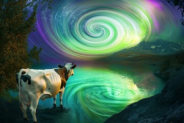 A breathtaking view of a cow standing by an iridescent lake under a swirling aurora, creating a surreal and stunning backdrop full of color and tranquility.