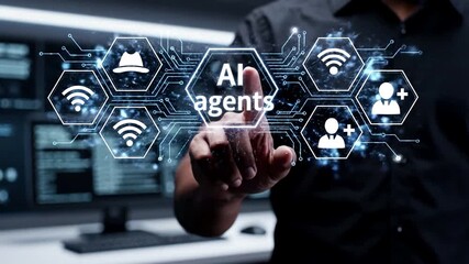 Professional interacting with a glowing holographic AI agents interface, managing a secure digital network with cybersecurity and data privacy concepts in a futuristic technology office environment. - Powered by Adobe