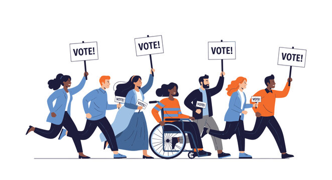Diverse group of people holding vote signs and running together to encourage civic participation and election duty.
