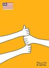 Vector illustration of three hand together by holding the thumb showing unity, togetherness, teamwork. A hand gesture design for Malaysia Day with hand drawn flag, and hand written text example with y