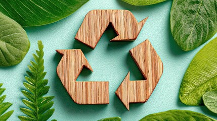 Flat lay wooden green recycling symbol surrounded by ferns on pastel light gray, top copy space for eco slogan, perfect for sustainable brand, ESG report cover or Earth Day poster