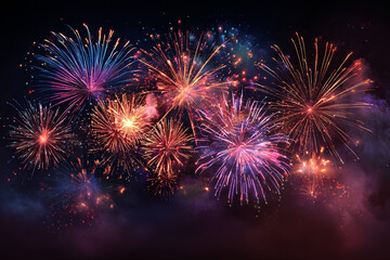 Obraz premium Bursting colorful fireworks illuminate the dark night sky with dazzling displays of light