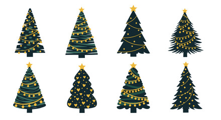Obraz premium Set of various decorated Christmas tree icons with golden stars lights and garlands for winter holiday celebration.