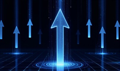 Blue glowing arrows ascend in digital space, symbolizing progress and innovation.