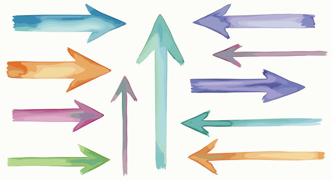 Collection of colorful watercolor style arrows pointing in various directions for creative navigation and design.