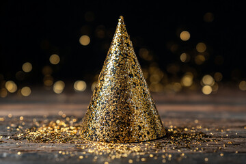 Fototapeta premium A single gold glitter party hat stands on a rustic wooden surface with spilled glitter and bokeh lights in the background