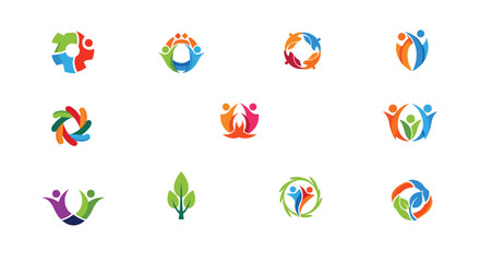 Collection of colorful abstract community logos representing unity people nature and teamwork for organizations.