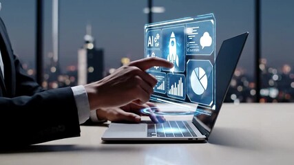 Business professional analyzing data on holographic AI interface at night. Futuristic technology, artificial intelligence, growth charts, and innovation for digital transformation in a modern office. - Powered by Adobe
