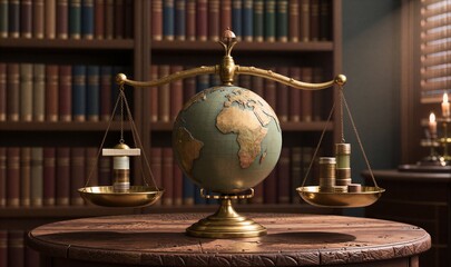 A globe balanced between two scales, one holding coins and the other empty, in front of bookshelves symbolizing global financial balance or economic equilibrium concept.