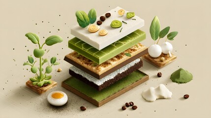 Abstract Culinary Concept with Layered Ingredients of Matcha, Chocolate, and Organic Greens
