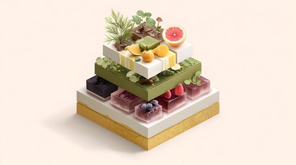 Innovative Food Design with Isometric Layered Fruit Jelly Pyramid on White Background