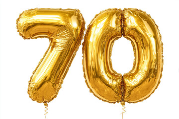 gold number 70 balloons floating on white background