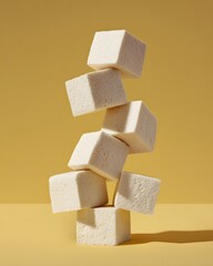 Minimalist Stack of Balanced White Tofu Cubes on a Soft Yellow Background