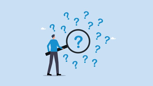 Problem analysis or problem management animation video. businessman with magnifying glass analyze question marks, analyze or investigate for root cause or incident.