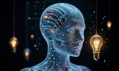 Digital human head with circuitry, glowing lightbulb beside it against dark background.