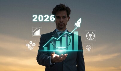 Businessman projects futuristic growth chart, rocket symbolizing success in 2026.