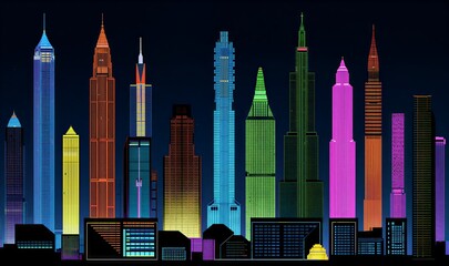 A vibrant cityscape featuring tall, colorful skyscrapers against the night sky.