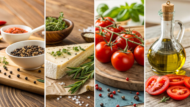 Tomaten, Oliven&ouml;l, K&auml;se und Kr&auml;uter auf rustikalem Holztisch &ndash; mediterrane Zutaten Collage