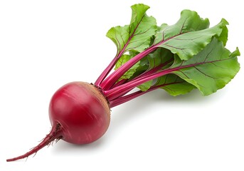 Fresh red beetroot with green leaves on white background