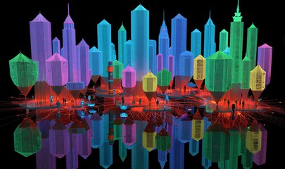 A futuristic cityscape filled with vibrant, holographic skyscrapers and neon lights reflecting on the water below.