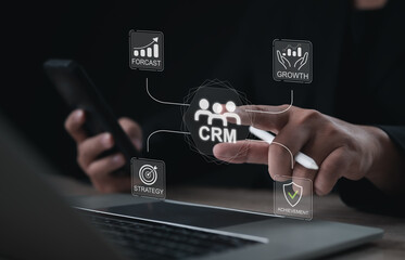 CRM system interface connecting business strategy, customer management, sales forecasting, growth planning, and performance achievement, representing modern digital business management solutions.