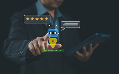AI assistant interface with customer feedback and five star rating, representing automated support, user interaction, service evaluation, and intelligent digital communication technology.