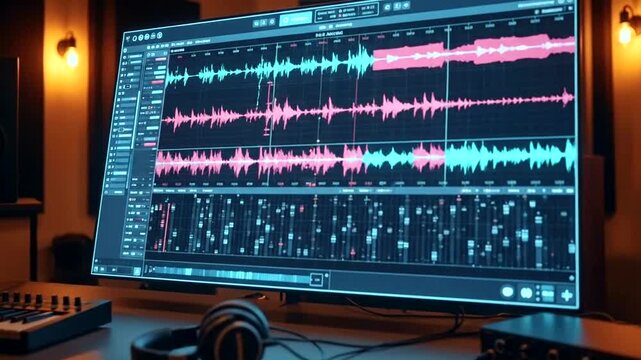 Digital audio workstation interface displaying sound waves for music production and editing in a professional studio environment.