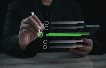 Business professional selecting checklist item on digital interface, representing evaluation, decision making, quality control, usability testing, and approval process in modern technology.