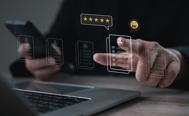 Business professional selecting customer profile with rating stars and checklist interface on digital screen, representing customer feedback, service evaluation, user experience analysis, and quality 